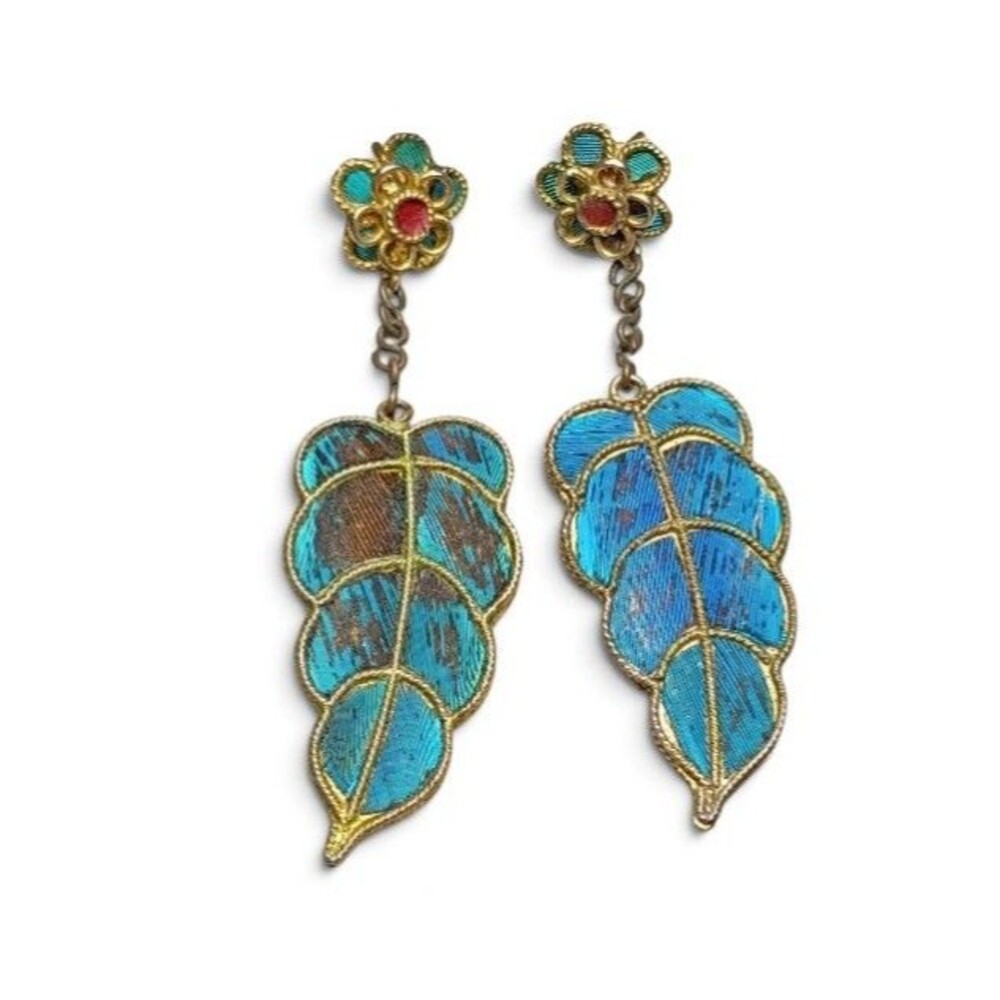 Vintage Kingfisher Blue Feather Dangle Earrings - Picture 2 of 12